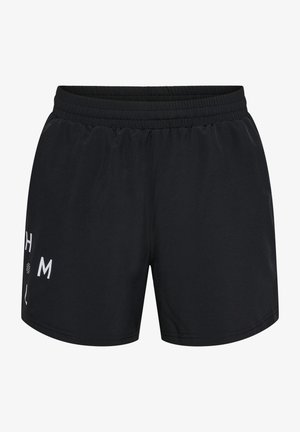 Mustat urheilushortsit, joissa on joustava vyötärönauha ja valkoisia osittaisia kirjaimia vasemmassa lahkeessa. Sopivat rentoon käyttöön tai urheiluun.