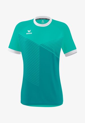 Türkisfarbene Sporttrikot mit kurzen Ärmeln, weißem Kragen, diagonalen Streifen und einem Logo auf der oberen linken Seite. Hergestellt aus leichtem Stoff.