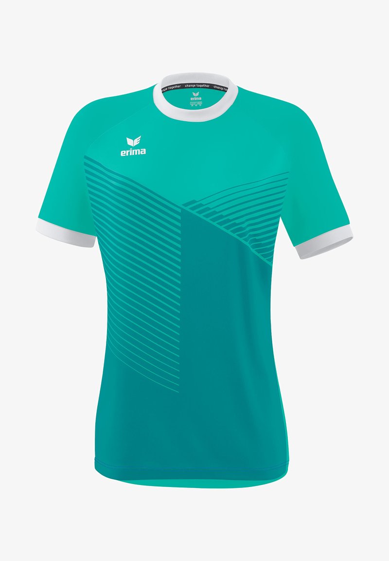 Turquoise sportshirt met korte mouwen, witte kraag, met diagonale strepen en een logo op de bovenste linkerzijde. Gemaakt van lichtgewicht stof.