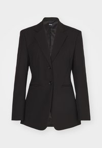 Black tailored women's blazer with two buttons, notched lapels, and two front pockets, displayed on a white background.