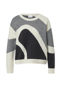 Schwarz-weißer Strickpullover mit abstraktem geometrischen Muster, Rundhalsausschnitt und gerippten Bündchen und Saum.