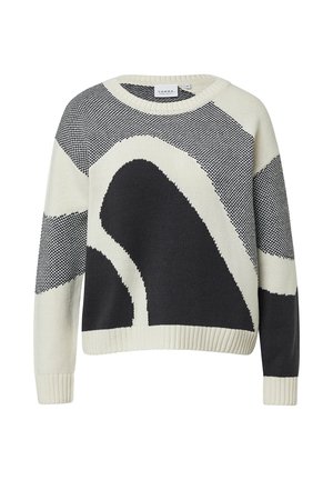 Pull en tricot noir et blanc avec un motif géométrique abstrait, col rond et poignets et ourlet côtelés.
