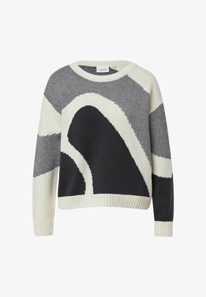 Maglione lavorato a maglia bianco e nero con motivo geometrico astratto, collo tondo e polsini e orlo a costine.