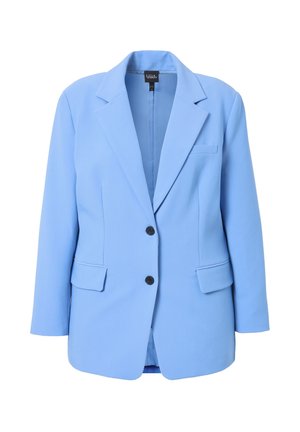 Sky blue sako vyrobené z lehkého materiálu, s jednočlánkovým zapínáním, klopovými límci a dvěma předními kapsami.