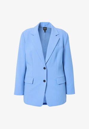 Sky blue sako vyrobené z lehkého materiálu, s jednočlánkovým zapínáním, klopovými límci a dvěma předními kapsami.