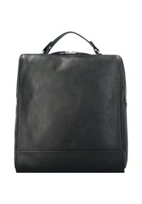 Mochila de cuero negro con un acabado texturizado, cierre de cremallera, asa superior y un diseño minimalista. Presenta una base plana y suave, así como un bolsillo lateral.