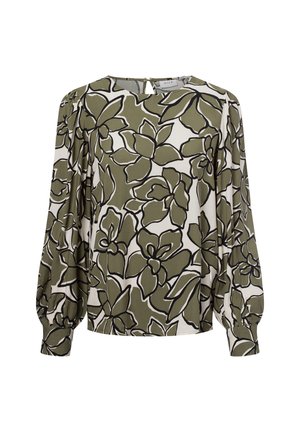 Blusa floral en verde oliva y blanco, con mangas de gran tamaño, escote redondo y cierre de botón en la parte trasera. Contornos negros audaces acentúan el patrón.