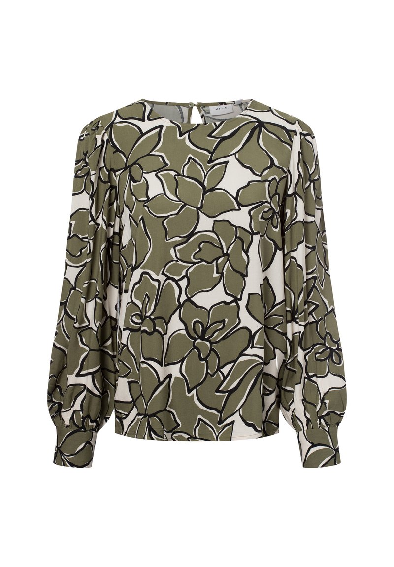 Blusa floral en verde oliva y blanco, con mangas de gran tamaño, escote redondo y cierre de botón en la parte trasera. Contornos negros audaces acentúan el patrón.