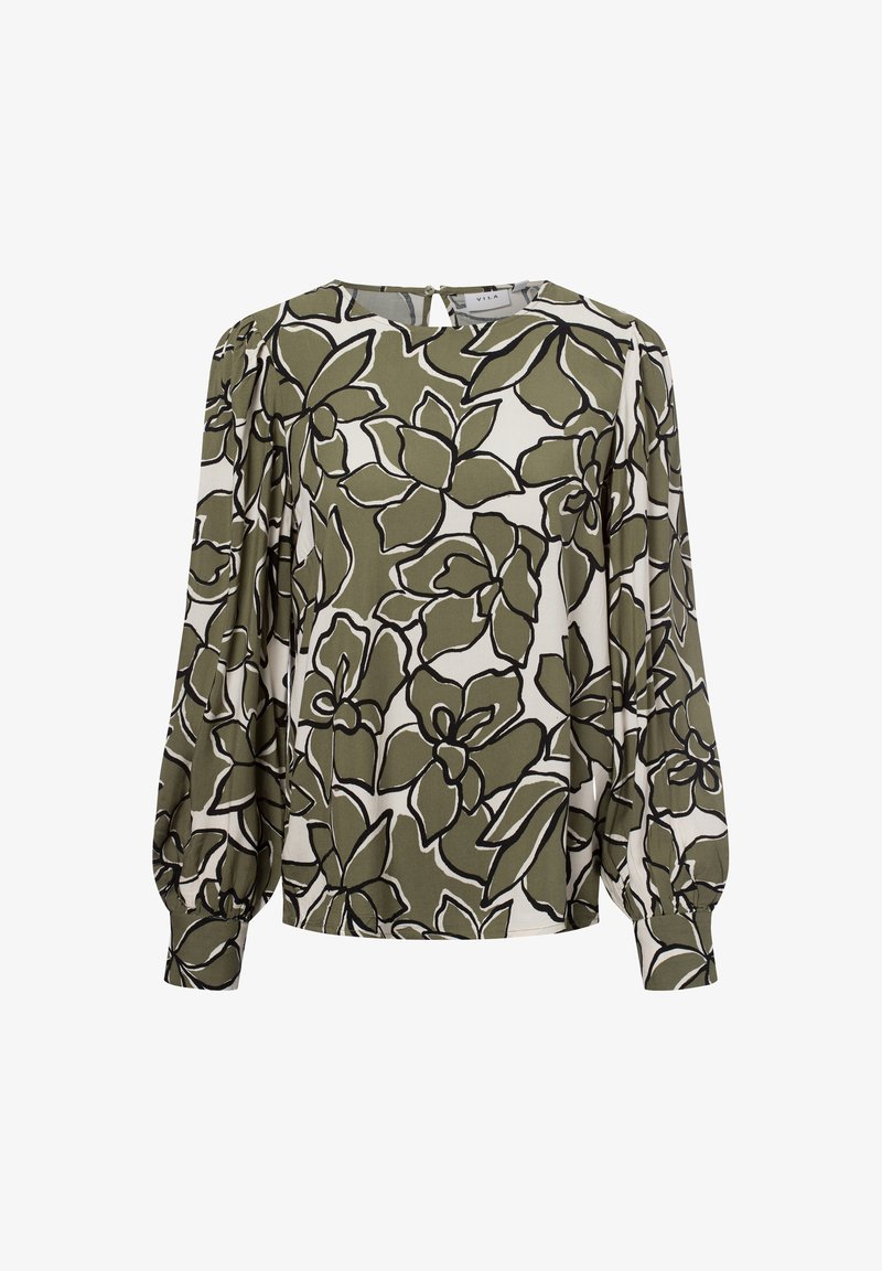 Blumenbluse in Olivgrün und Weiß, mit übergroßen Ärmeln, einem runden Ausschnitt und einem Knopfverschluss auf der Rückseite. Kräftige schwarze Umrandungen betonen das Muster.