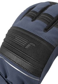 Marineblaue Handschuhe mit einem strukturierten schwarzen Bund mit horizontalen Linien, reflektierenden Akzenten und einem glatten lederähnlichen Einsatz.