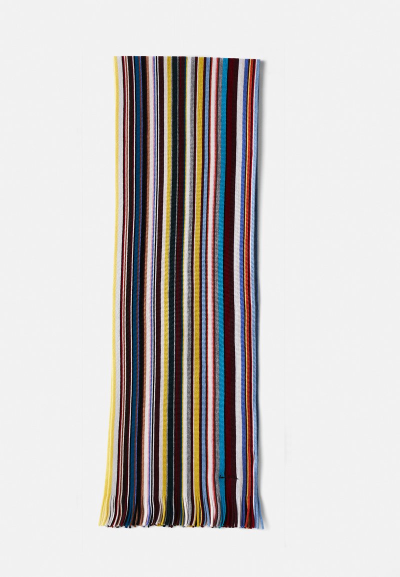 Sciarpa a righe multicolori con bande verticali in nero, blu, giallo, rosso e bianco, con frange intrecciate alle estremità.