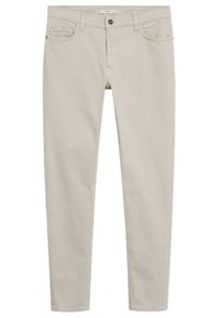 Jeans beige de corte ajustado hechos de algodón, con cierre de botón, cinco bolsillos y detalles sutiles de costura. Textura suave y ligera.