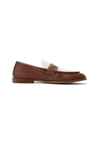 Brown leather loafers with a textured finish and a cream fabric accent on the vamp. Rounded toe and low wooden heel.