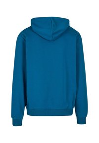 Blue hoodie with a soft texture, featuring a hood and ribbed cuffs. Simple design, no patterns or accents visible on the back.
