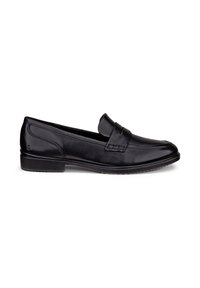 Μαύρο δερμάτινο penny loafer με χαμηλό τακούνι, στρογγυλεμένη μύτη και ραμμένες λεπτομέρειες στις πλευρές και πάνω.