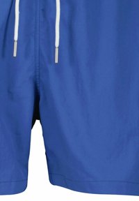 Blauwe zwemshorts van een glad, lichtgewicht stof. Voorzien van een elastische tailleband met witte trekkoorden en zilverkleurige metalen uiteinden.