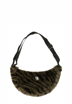 Furry crossbody bag with green and black tiger stripes and adjustable black strap, featuring a small white rectangular logo patch in the center.