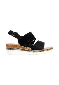 Sandale compensée noire avec boucle de bride à la cheville, dessus perforé, bordure de semelle intercalaire tressée, talon compensé en liège et semelle extérieure en caoutchouc blanc.