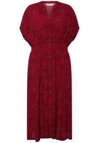 Rotes Midikleid mit geraffter Taille, kurzen Ärmeln, Leopardenmuster und einer vorderen Knopfleiste sowie einem fließenden Stoff.