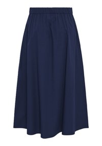 Tmavě modrá sukně ke kolenům s elastickým pasem, vyrobená z hladké látky, s záhyby pro plynulou siluetu.