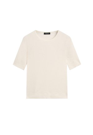 Cremefarbenes, kurzärmeliges Strickoberteil mit rundem Ausschnitt, geradem Saum und einem schwarzen Markenetikett am Kragen.