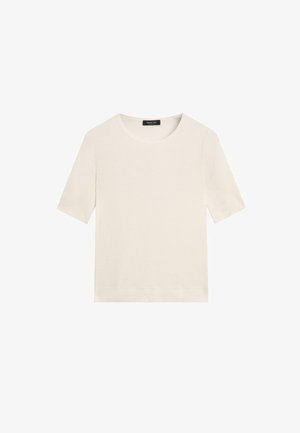 Crèmekleurige, korte mouw gebreide top met een ronde hals, rechte zoom en een zwart merketiket bij de kraag.