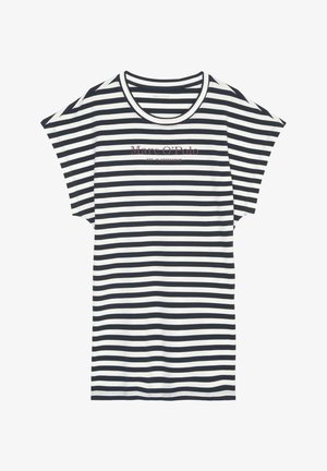 Koszulka z okrągłym dekoltem w poziome granatowo-białe paski, z miękkiego materiału, z krótkimi rękawami i małym haftowanym logo w kolorze bordowym.