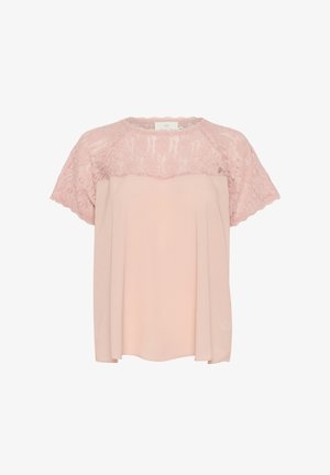 Różowa bluzka z krótkim rękawem, z koronkowym wstawką, miękkim materiałem o luźnym kroju, okrągłym dekoltem i falbankami. Lekki i zwiewny fason.