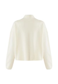 Maglione accorciato color crema, realizzato in tessuto morbido. Dotato di un collo alto e spalle scese con maniche ampie. Texture liscia, design minimal.