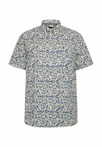 Camisa de manga corta con un patrón de hojas en azul y crema. Tela de algodón, cuello clásico, cierre de botones en la parte delantera y un corte relajado.