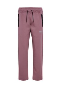 Lila sweatpants med elastisk midjeband, svarta dragkedjefickor och en silverlogotyp fram. Tillverkade av mjukt tyg med rak passform.