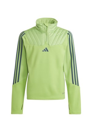 Pullover atletico verde con colletto alto, design imbottito sulle spalle e strisce blu navy lungo le maniche. Presenta un collo con zip.