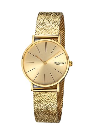 Montre analogique dorée avec un bracelet en maille texturée, un cadran rond, des index horaires simples et le nom de la marque "REGENT" affiché sur le cadran.