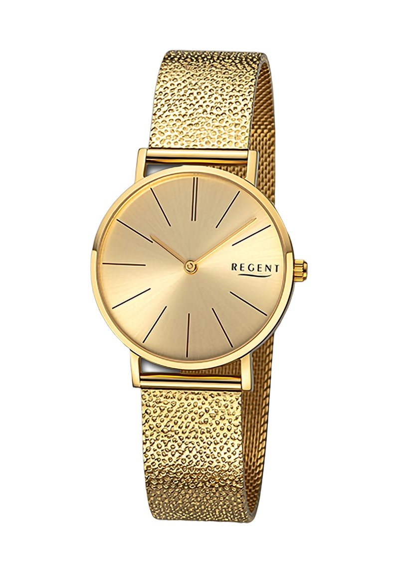 Montre analogique dorée avec un bracelet en maille texturée, un cadran rond, des index horaires simples et le nom de la marque "REGENT" affiché sur le cadran.