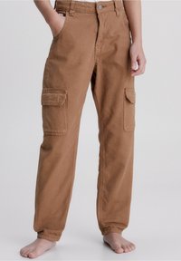 Braune Baumwoll-Cargo-Shorts mit einem lockeren Schnitt, seitlichen Taschen und einem Knopfverschluss an der Taille. Glatte Textur und gerades Bein-Design.