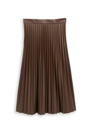 Jupe midi plissée marron avec une ceinture lisse, en matière similicuir, présentée à plat sur un fond blanc.