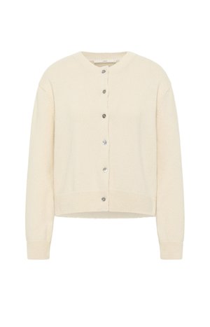 Cremfarbener, gestrickter Cardigan mit langen Ärmeln und sechs silbernen Knöpfen auf der Vorderseite, ausgestattet mit gerippten Bündchen und Saum.