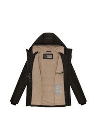 Black padded jacket with a beige lining. Features a hood, front zipper, and side pockets. Interior shows care labels and material details.