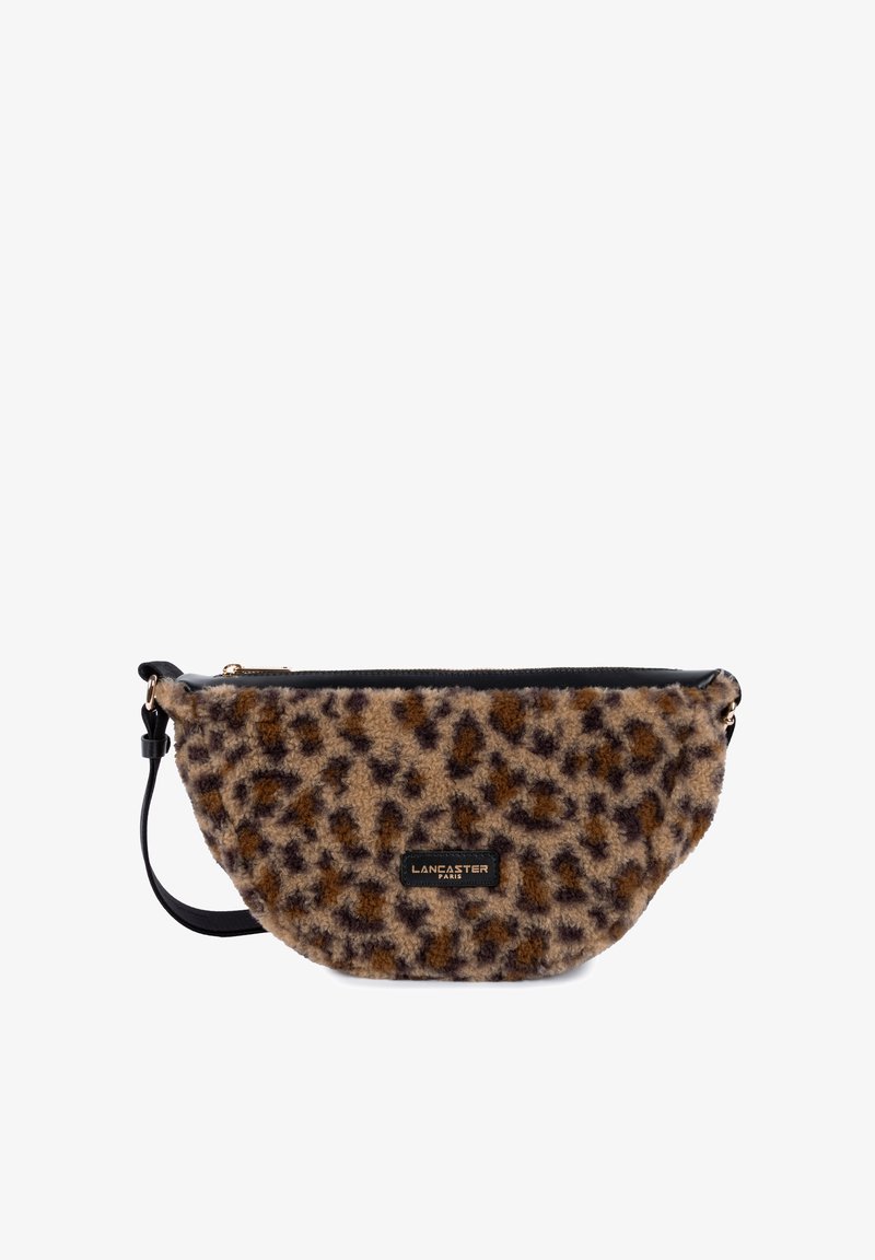 Faux-Fur-Crossbody-Tasche mit Leopardenmuster in verschiedenen Brauntönen und Schwarz. Verfügt über einen schwarzen Reißverschluss und einen abnehmbaren Schultergurt.