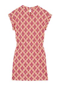 Kurzärmeliges Kleid mit einem lebhaften Diamantmuster in Rosa- und Orangetönen auf einem cremefarbenen Hintergrund, mit einer Schlüssellochrücken-Detail.