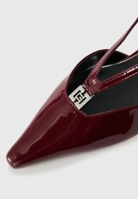 Γυαλιστερό μπορντώ παπούτσι με μυτερή μύτη και κομμένο πάνω μέρος, με μια ασημένια διακοσμητική κλειδαριά στη ζώνη.