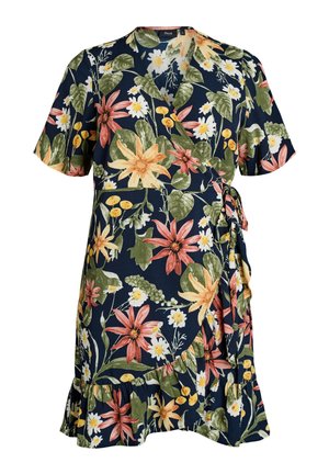 Tumesinist värvi mähkkleit lühikeste varrukatega, volangilise äärega ja lillemustriga, millel on suured roosad, kollased ja valged lilled roheliste lehtedega.