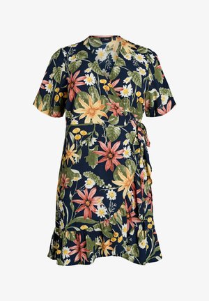 Tmavě modré zavinovací šaty s krátkými rukávy, řaseným lemem a květinovým vzorem s velkými růžovými, žlutými a bílými květy a zelenými listy.