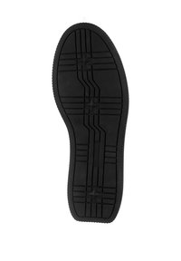 Suola di scarpa in gomma nera con un motivo testurizzato, caratterizzato da scanalature e creste per una maggiore aderenza. Punta arrotondata e bordi del tacco ben definiti.