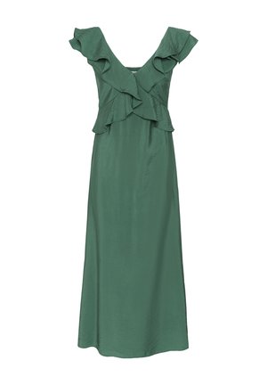 Groene satijnen midi-jurk met diepe V-halslijn en gelaagde ruches op de schouders en het bovenlijf.