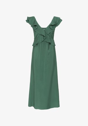 Groene satijnen midi-jurk met diepe V-halslijn en gelaagde ruches op de schouders en het bovenlijf.