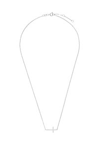 Zilveren ketting met een minimalistische horizontale kruispenning. De ketting is delicaat, met een traditionele sluiting en een verstelbare lengte.