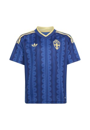 Blå svensk fodboldtrøje med gul krave og striber, med Adidas-logo og Sveriges landsholdsvåben på forsiden.
