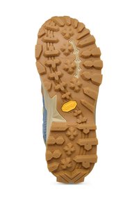 Vibram-Sohle mit einem strukturierten, multidirektionalen Profil in Beige. Verstärkte Ferse und geometrische Formen für Halt auf unterschiedlichem Terrain.