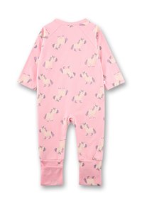 Rosa Baumwoll-Overall mit einem Muster aus cremefarbenen Pferden und lila Akzenten. Lange Ärmel und taillierte Beine mit elastischen Bündchen.